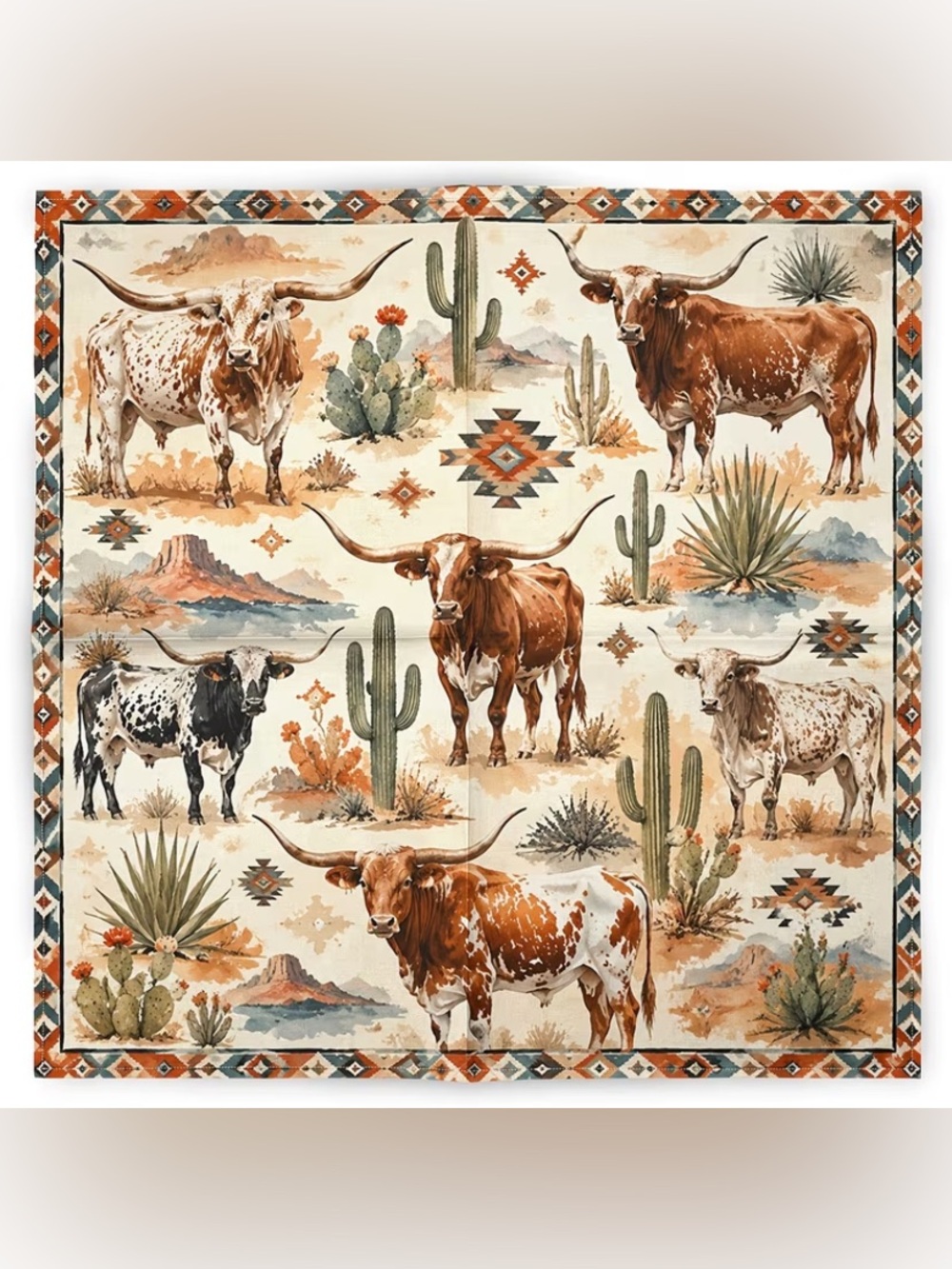 Southwestern Longhorn Print Scarf in Tan & Green